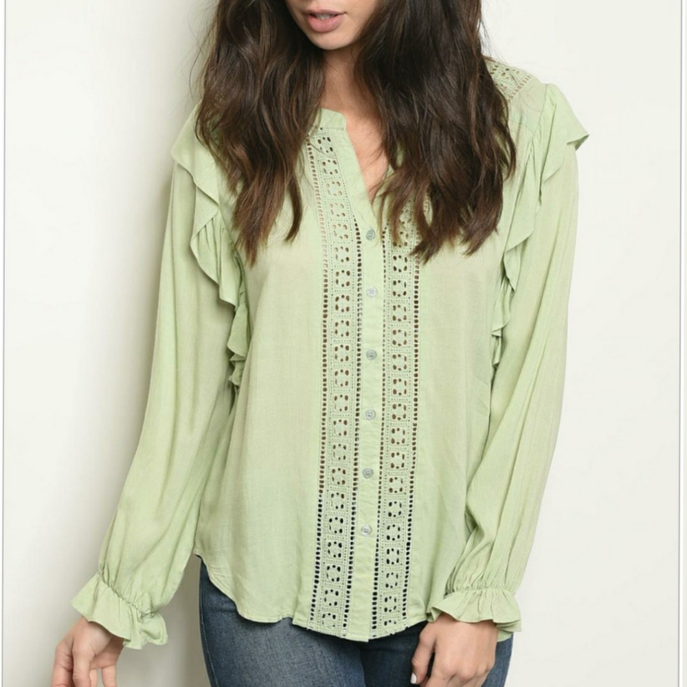 LAST 1❗️Boho Chic Sage Crochet Ruffle Long Sleeves Top - Picture 3 of 6